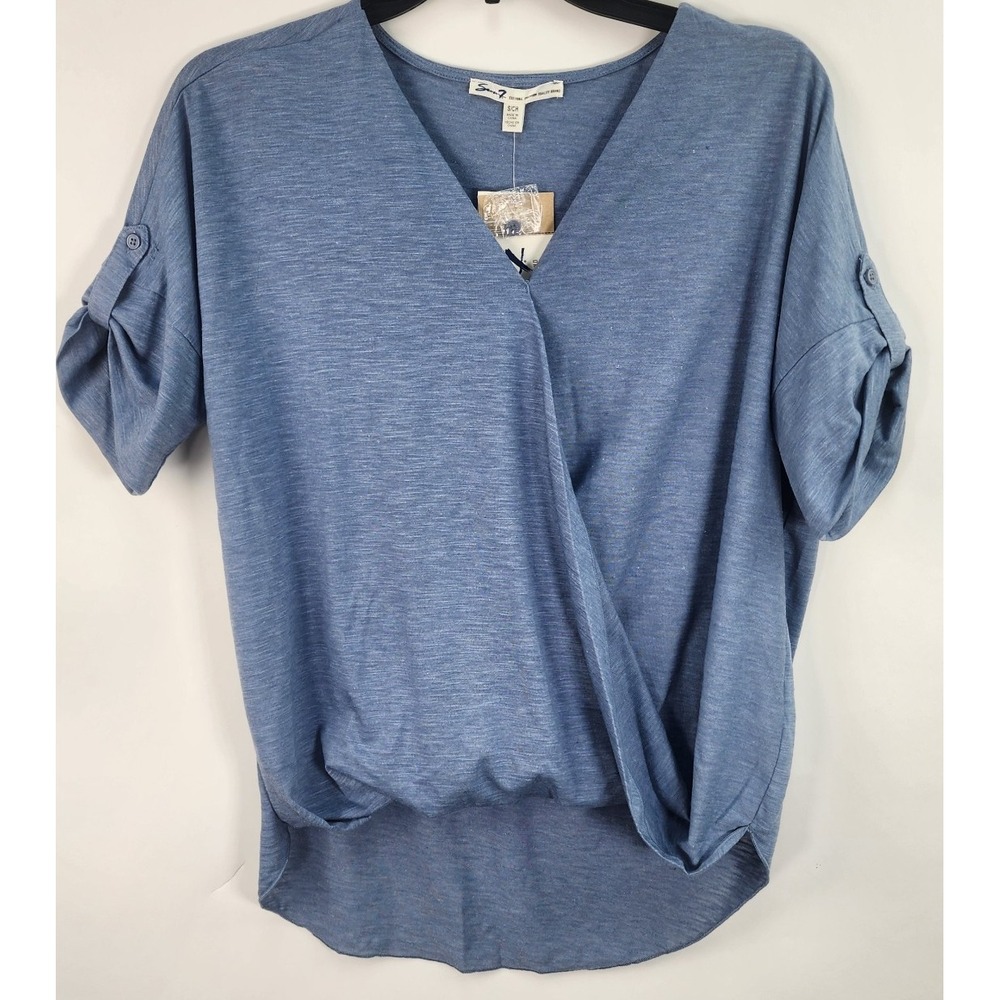Seven7 Crossover Faux Wrap Top Women's S Hi Lo Hem Heathered Blue Coastal Chic